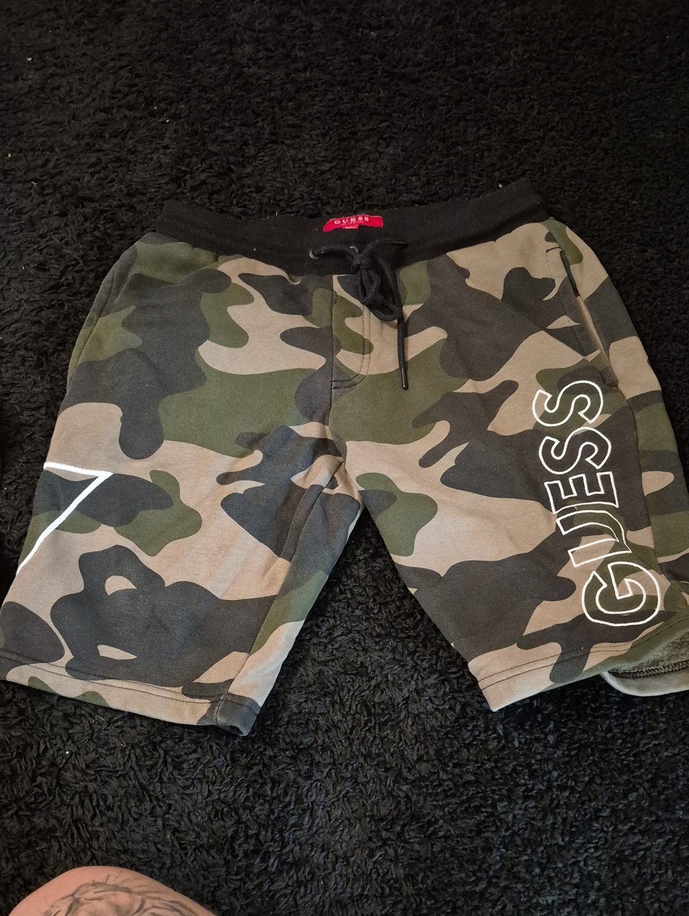 Guess Olive Green Camo Logo Drawstring Shorts
